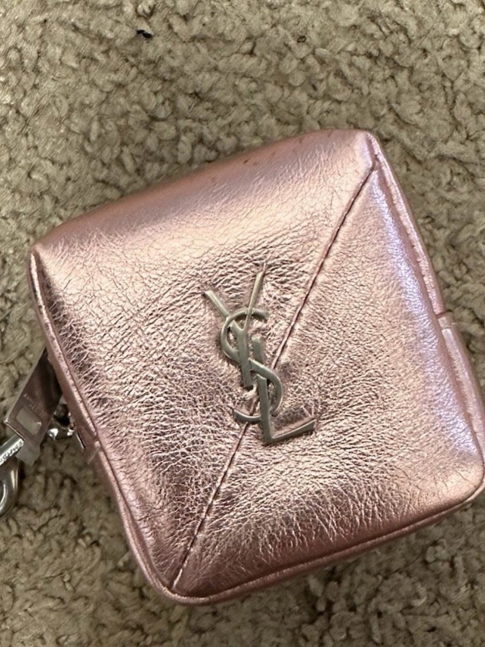 Saint Laurent YSL Jamie Cube Charm Pouch In Lamé Leather Metallic Pink